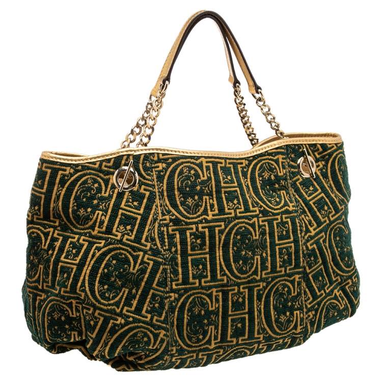 Pre Owned CH Carolina Herrera Green/Gold Monogram Velvet and Leather Chain Hobo