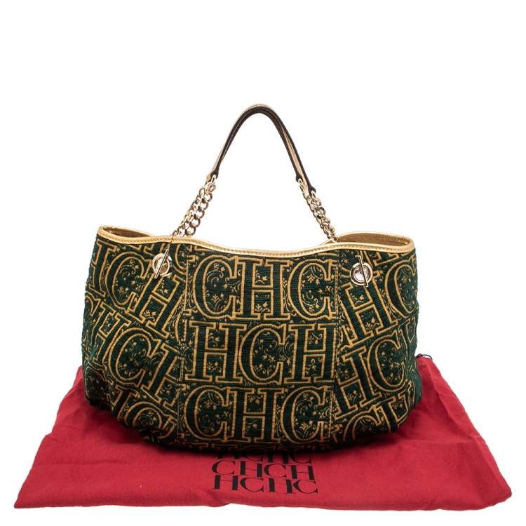Pre Owned CH Carolina Herrera Green/Gold Monogram Velvet and Leather Chain Hobo