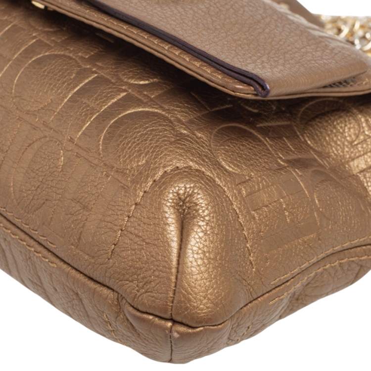 Pre Owned CH Carolina Herrera Gold Monogram Leather Audrey Shoulder Bag 
