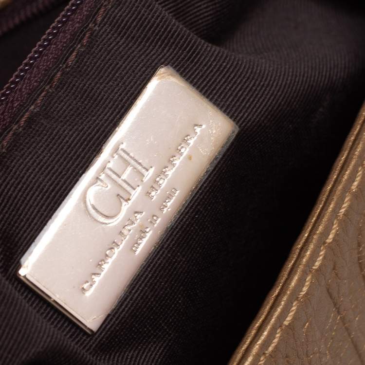 Pre Owned CH Carolina Herrera Gold Monogram Leather Audrey Shoulder Bag 