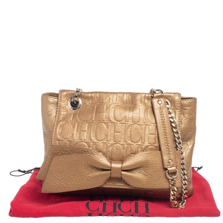 Pre Owned CH Carolina Herrera Gold Monogram Leather Audrey Shoulder Bag 