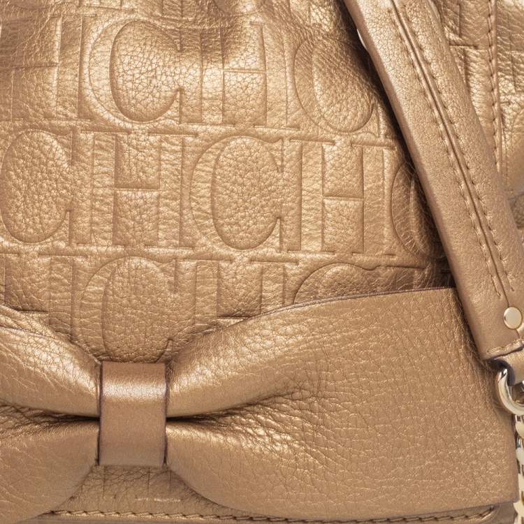 Pre Owned CH Carolina Herrera Gold Monogram Leather Audrey Shoulder Bag 