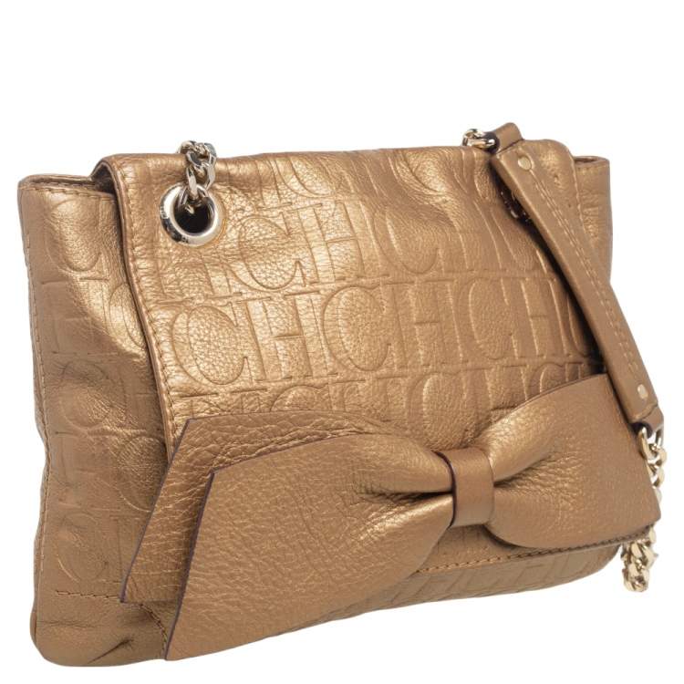 Pre Owned CH Carolina Herrera Gold Monogram Leather Audrey Shoulder Bag 