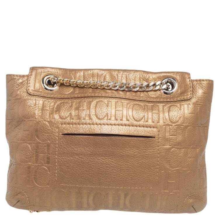 Pre Owned CH Carolina Herrera Gold Monogram Leather Audrey Shoulder Bag 