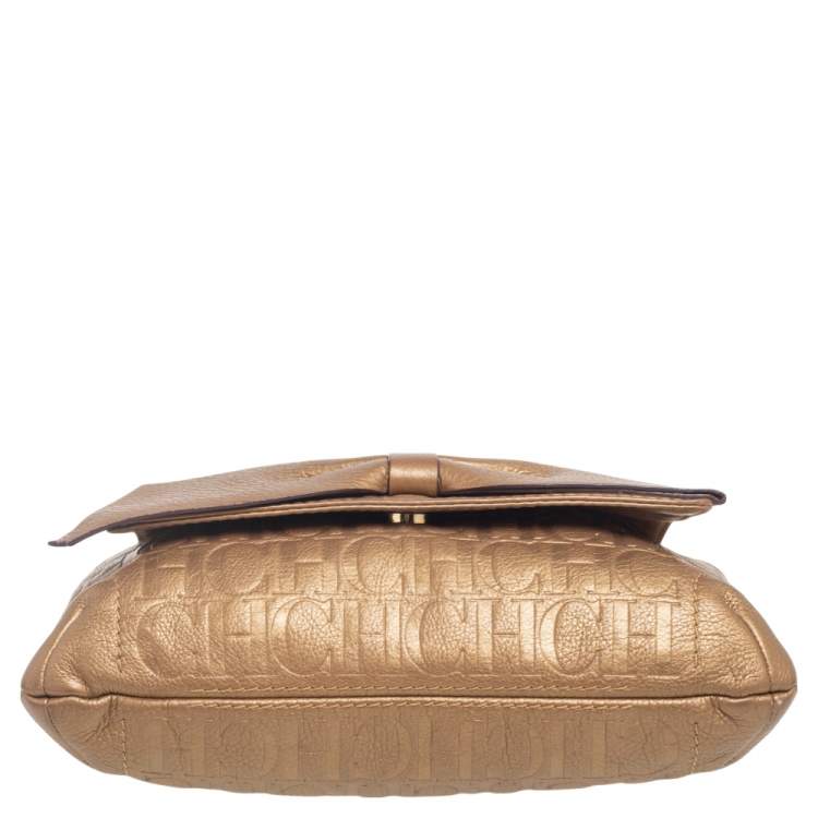 Pre Owned CH Carolina Herrera Gold Monogram Leather Audrey Shoulder Bag 
