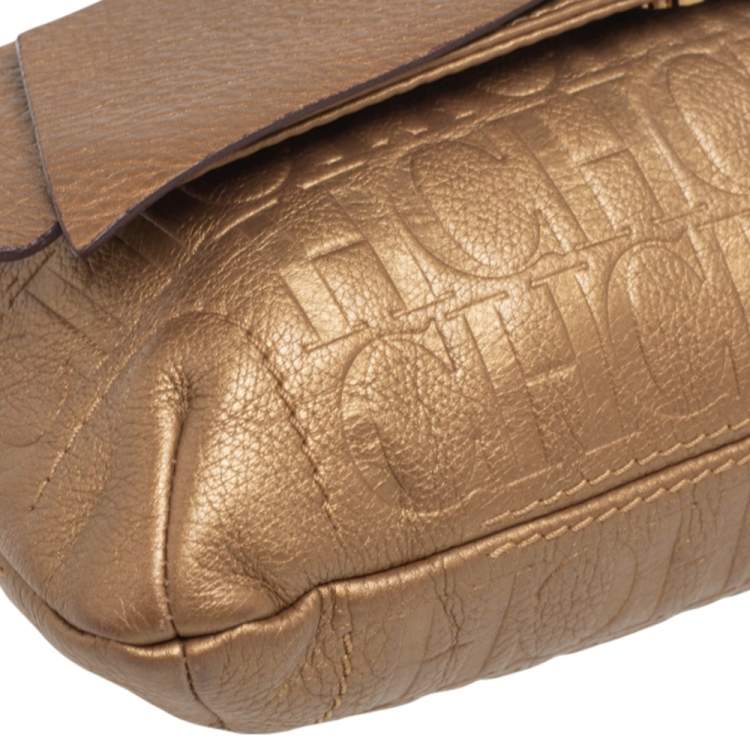 Pre Owned CH Carolina Herrera Gold Monogram Leather Audrey Shoulder Bag 