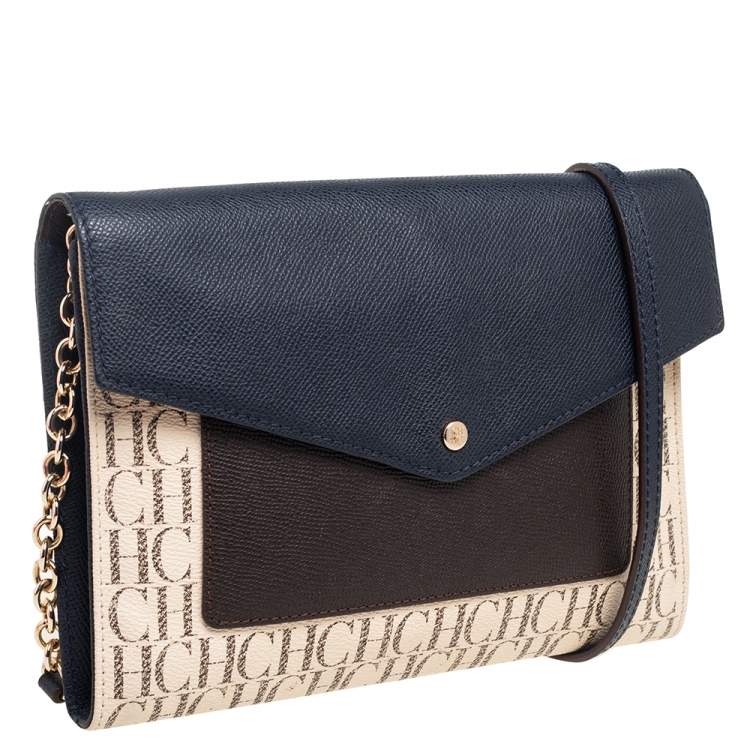 Pre Owned CH Carolina Herrera Monogram Coated Canvas and Leather Envelope Crossbody Bag