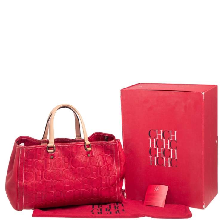Pre Owned CH Carolina Herrera Red Monogram Embossed Leather Andy Tote