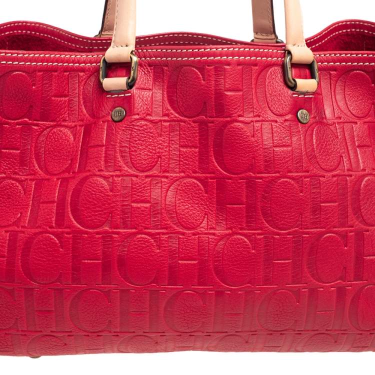Pre Owned CH Carolina Herrera Red Monogram Embossed Leather Andy Tote