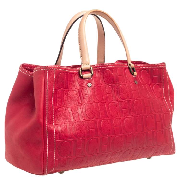Pre Owned CH Carolina Herrera Red Monogram Embossed Leather Andy Tote
