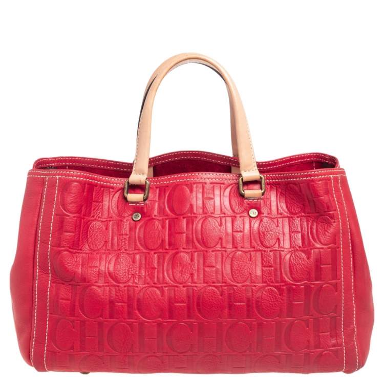 Pre Owned CH Carolina Herrera Red Monogram Embossed Leather Andy Tote