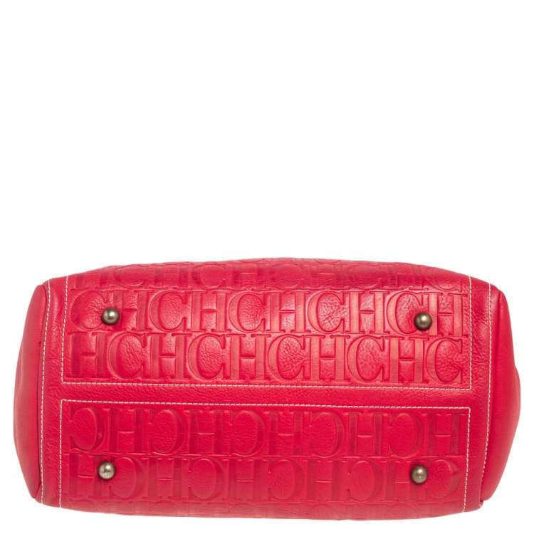 Pre Owned CH Carolina Herrera Red Monogram Embossed Leather Andy Tote