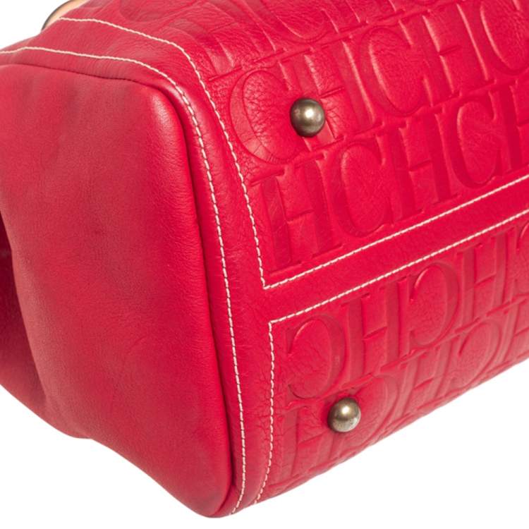 Pre Owned CH Carolina Herrera Red Monogram Embossed Leather Andy Tote