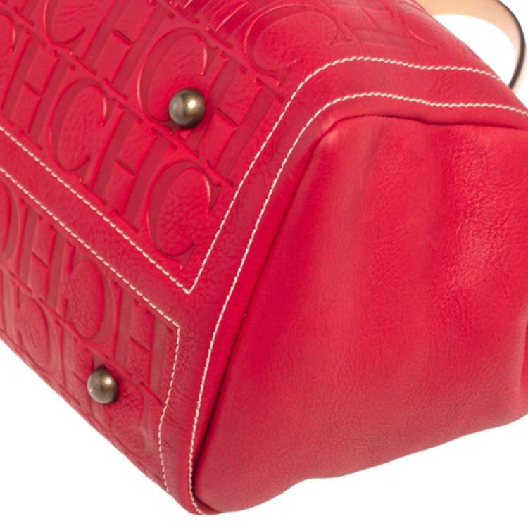 Pre Owned CH Carolina Herrera Red Monogram Embossed Leather Andy Tote