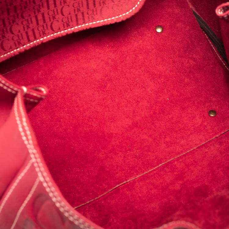 Pre Owned CH Carolina Herrera Red Monogram Embossed Leather Andy Tote