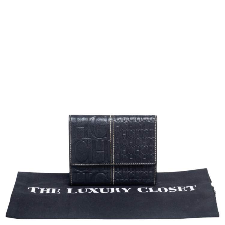 Pre Owned CH Carolina Herrera Black Monogram Embossed Leather Trifold Wallet