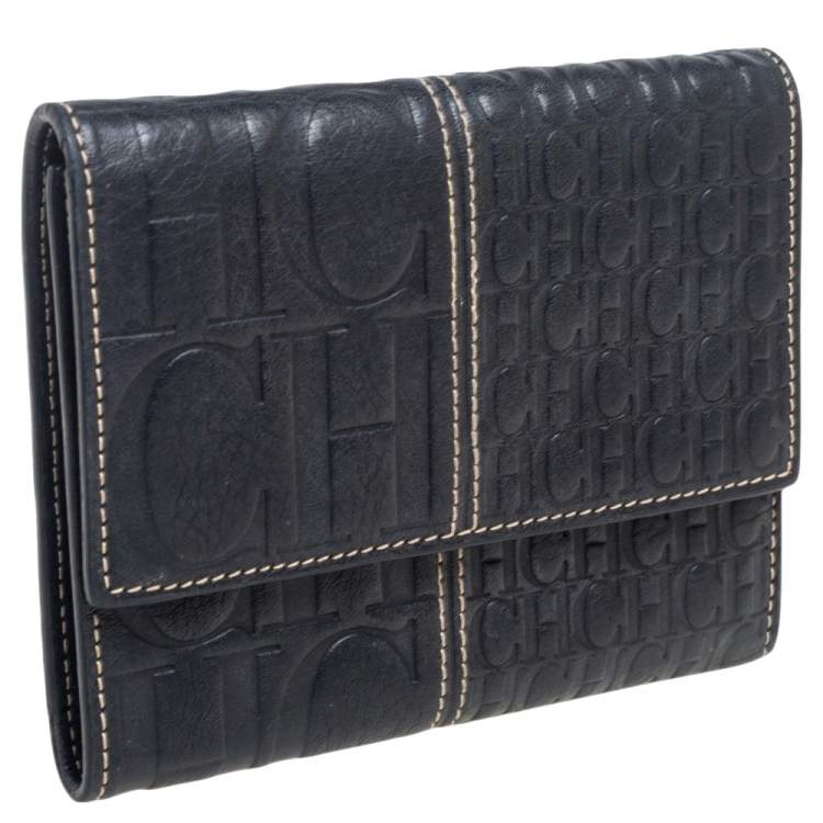 Pre Owned CH Carolina Herrera Black Monogram Embossed Leather Trifold Wallet