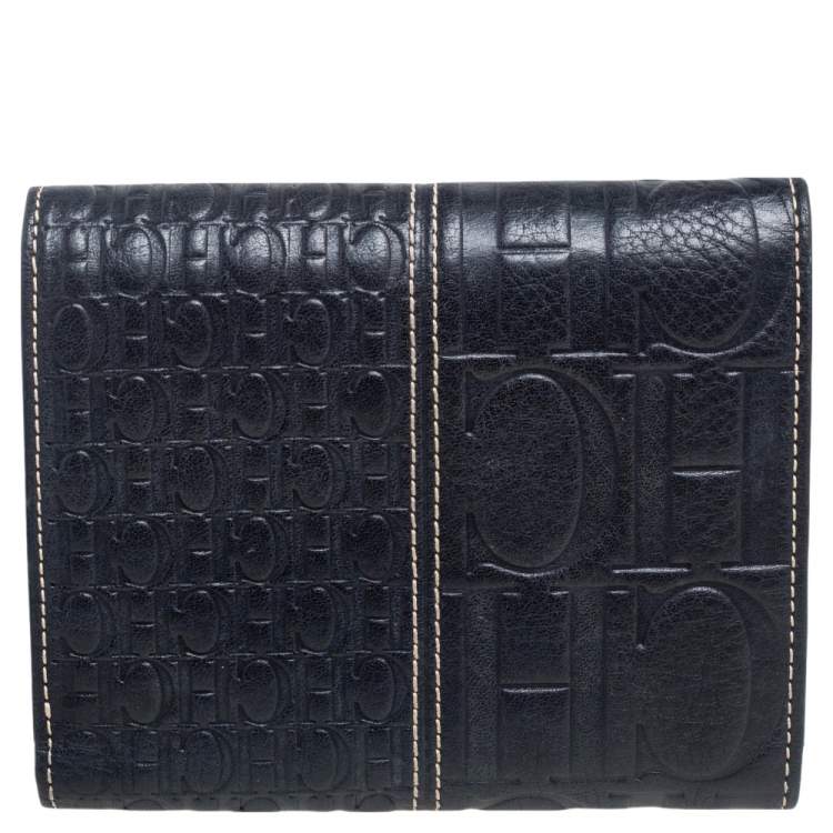 Pre Owned CH Carolina Herrera Black Monogram Embossed Leather Trifold Wallet