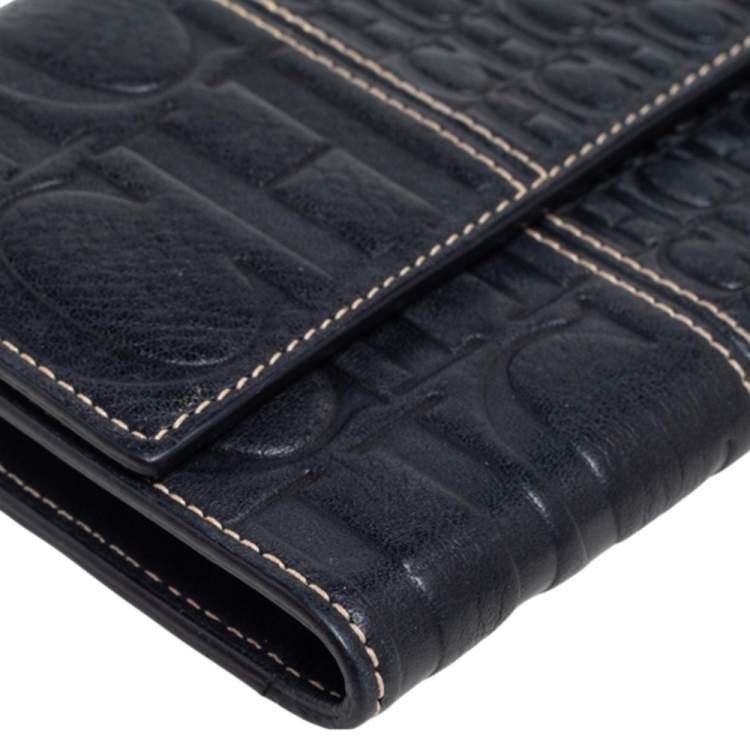 Pre Owned CH Carolina Herrera Black Monogram Embossed Leather Trifold Wallet
