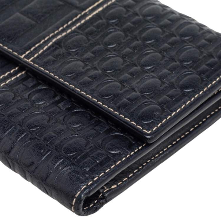 Pre Owned CH Carolina Herrera Black Monogram Embossed Leather Trifold Wallet