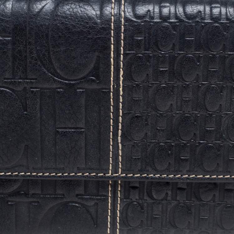 Pre Owned CH Carolina Herrera Black Monogram Embossed Leather Trifold Wallet