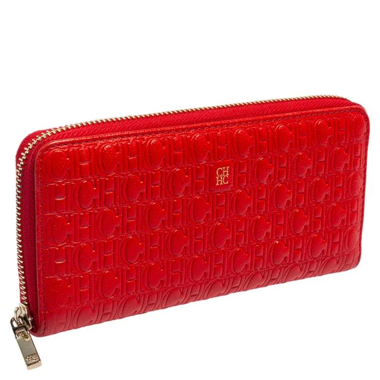 Pre Owned CH Carolina Herrera Monogram Embossed Leather Zip Around Wallet
