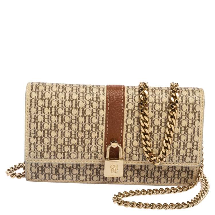 Pre Owned CH Carolina Herrera Beige/Brown Monogram Coated Canvas and Leather Matryoshka Chain Wallet