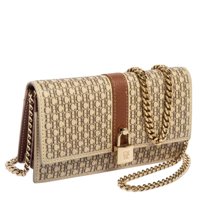 Pre Owned CH Carolina Herrera Beige/Brown Monogram Coated Canvas and Leather Matryoshka Chain Wallet