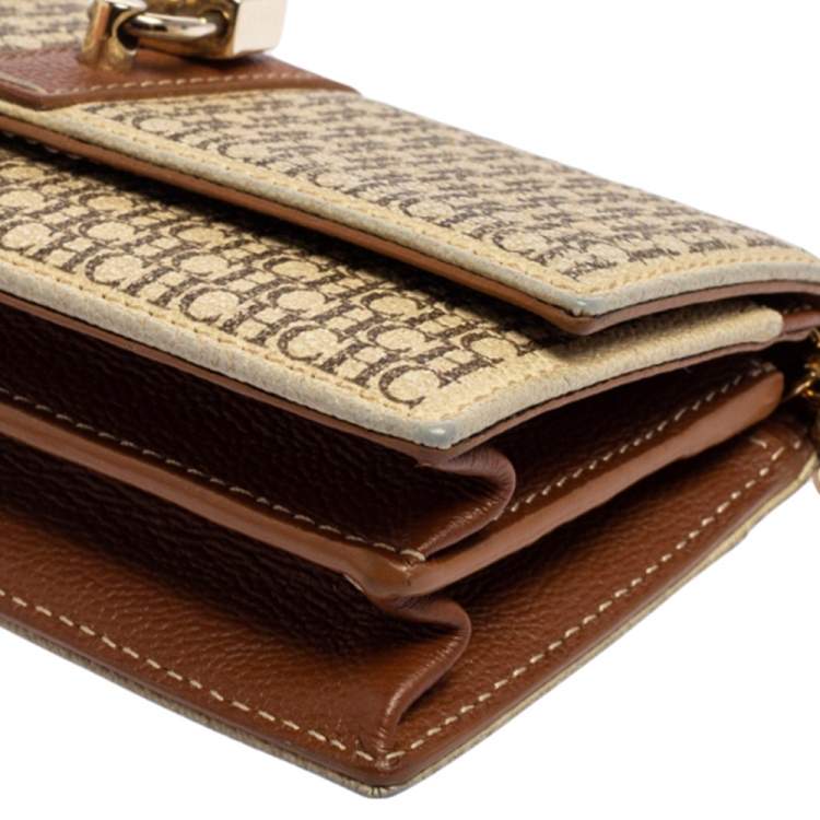 Pre Owned CH Carolina Herrera Beige/Brown Monogram Coated Canvas and Leather Matryoshka Chain Wallet