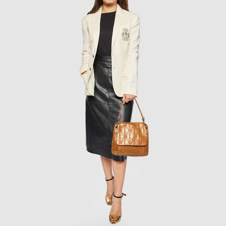 Pre Owned CH Carolina Herrera Brown/Gold CH Embossed Leather Flap Shoulder Bag