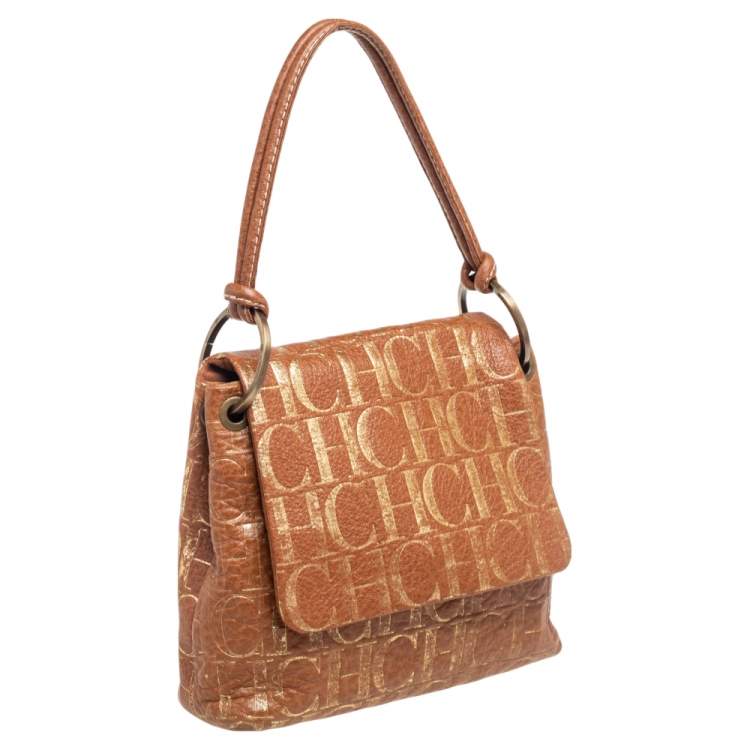Pre Owned CH Carolina Herrera Brown/Gold CH Embossed Leather Flap Shoulder Bag