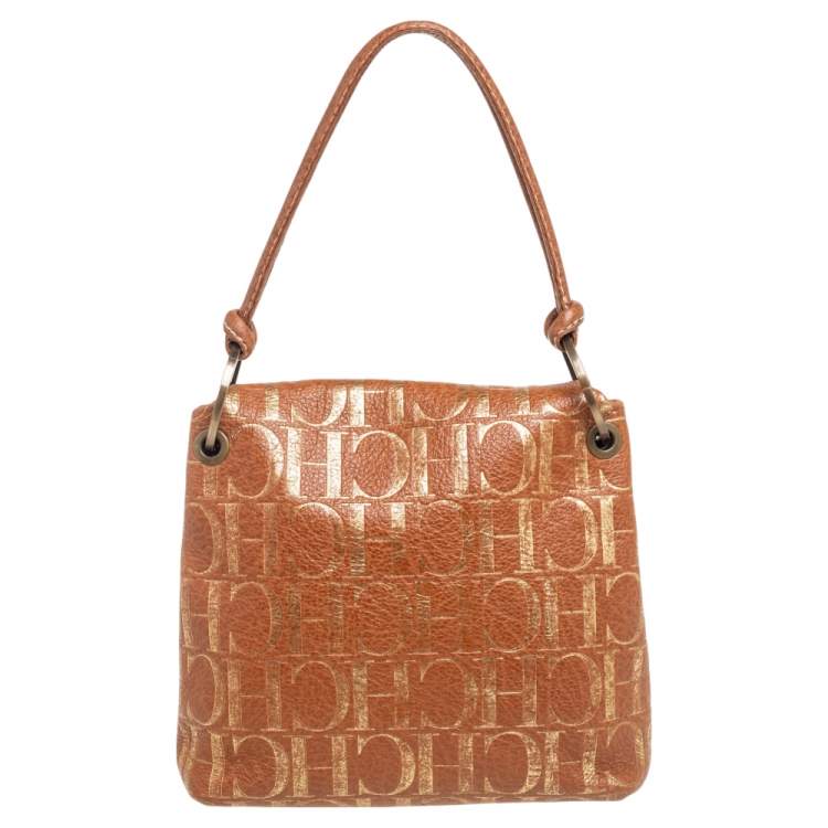 Pre Owned CH Carolina Herrera Brown/Gold CH Embossed Leather Flap Shoulder Bag