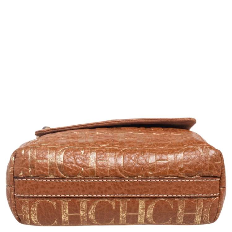 Pre Owned CH Carolina Herrera Brown/Gold CH Embossed Leather Flap Shoulder Bag