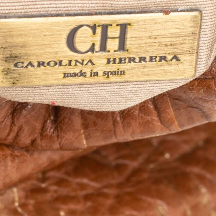 Pre Owned CH Carolina Herrera Brown/Gold CH Embossed Leather Flap Shoulder Bag