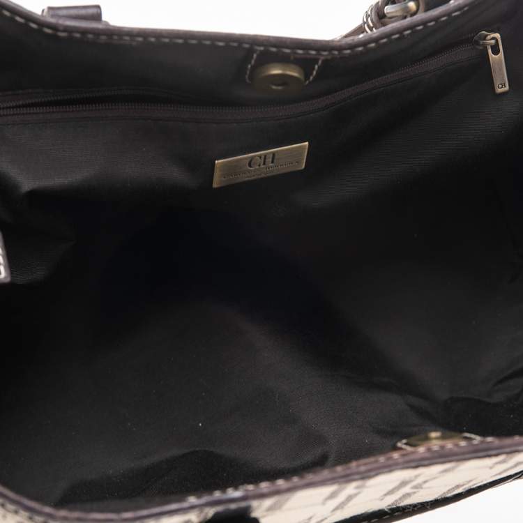 Pre Owned CH Carolina Herrera Dark Brown/Cream Canvas and Leather Monogram Shopper Tote