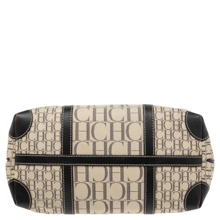 Pre Owned CH Carolina Herrera Dark Brown/Cream Canvas and Leather Monogram Shopper Tote