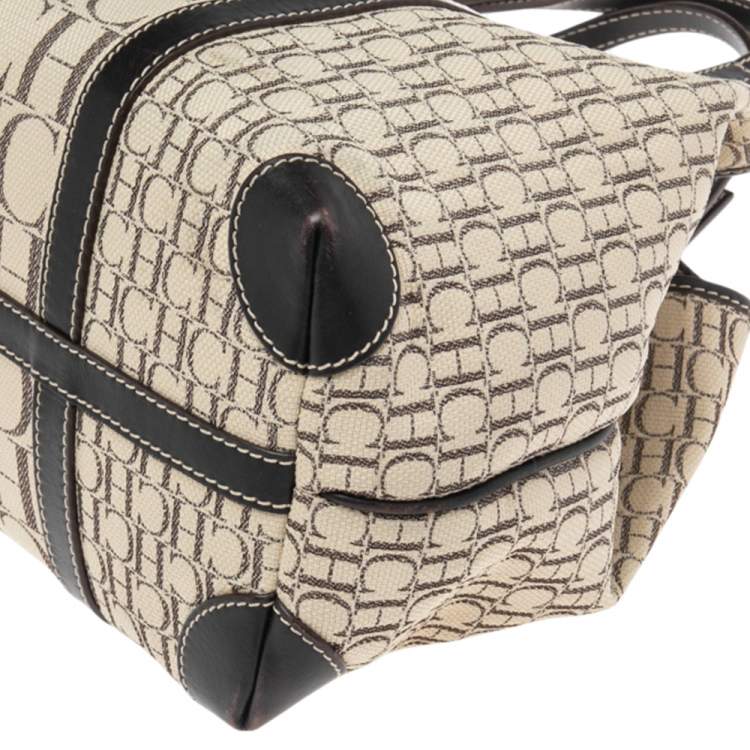 Pre Owned CH Carolina Herrera Dark Brown/Cream Canvas and Leather Monogram Shopper Tote
