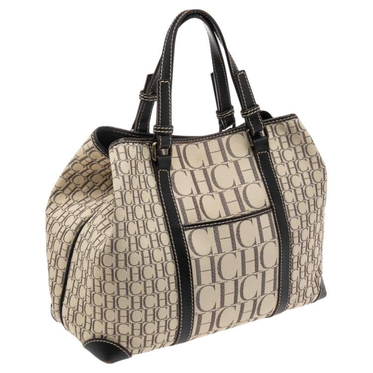 Pre Owned CH Carolina Herrera Dark Brown/Cream Canvas and Leather Monogram Shopper Tote