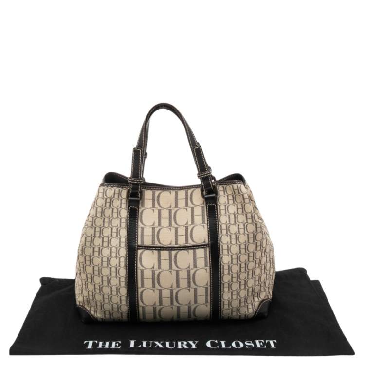 Pre Owned CH Carolina Herrera Dark Brown/Cream Canvas and Leather Monogram Shopper Tote