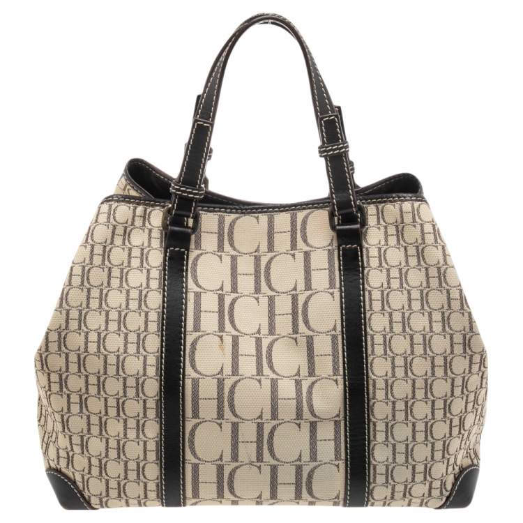 Pre Owned CH Carolina Herrera Dark Brown/Cream Canvas and Leather Monogram Shopper Tote