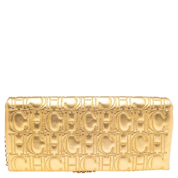 Pre Owned CH Carolina Herrera Gold Monogram Leather Clutch