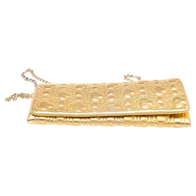 Pre Owned CH Carolina Herrera Gold Monogram Leather Clutch