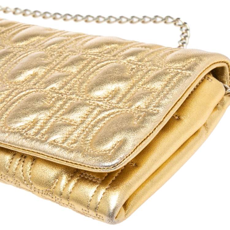Pre Owned CH Carolina Herrera Gold Monogram Leather Clutch