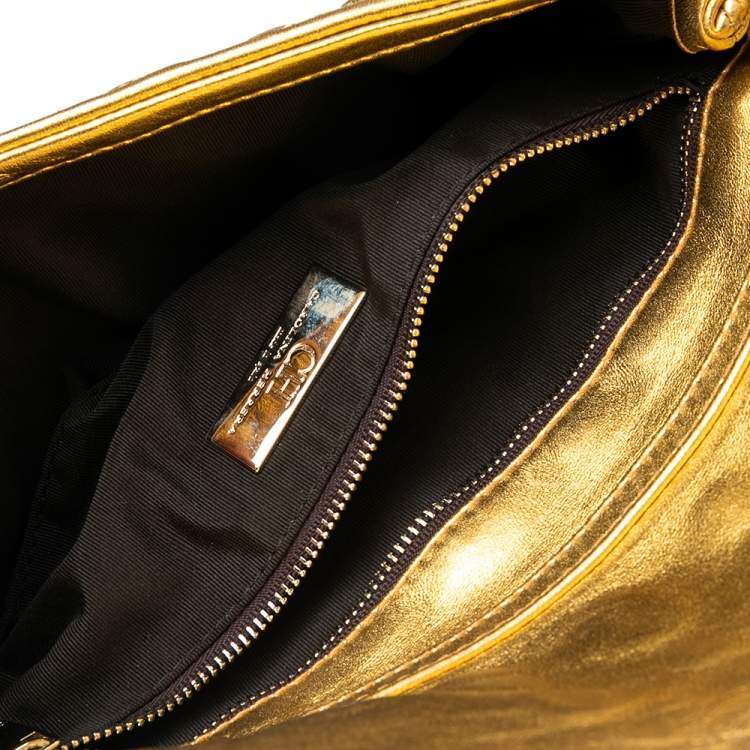 Pre Owned CH Carolina Herrera Gold Monogram Leather Clutch