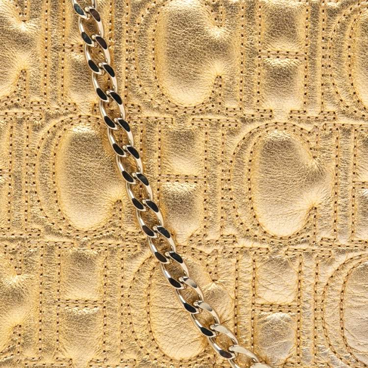 Pre Owned CH Carolina Herrera Gold Monogram Leather Clutch