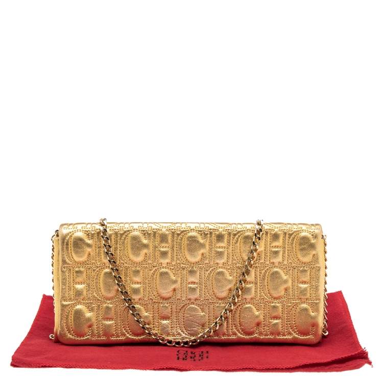 Pre Owned CH Carolina Herrera Gold Monogram Leather Clutch