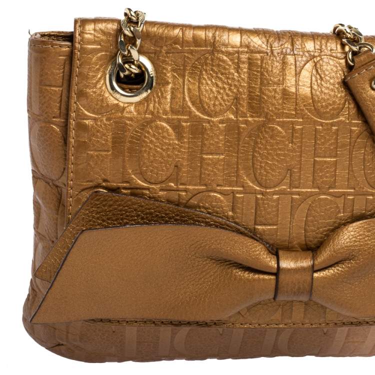 Pre Owned CH Carolina Herrera Gold Monogram Leather Audrey Shoulder Bag