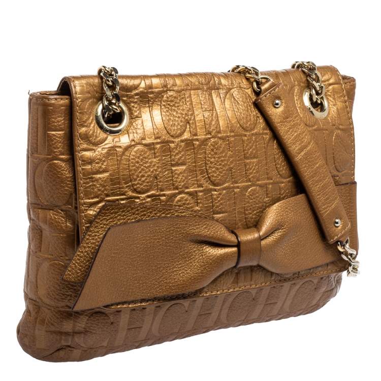 Pre Owned CH Carolina Herrera Gold Monogram Leather Audrey Shoulder Bag