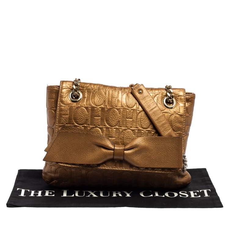 Pre Owned CH Carolina Herrera Gold Monogram Leather Audrey Shoulder Bag