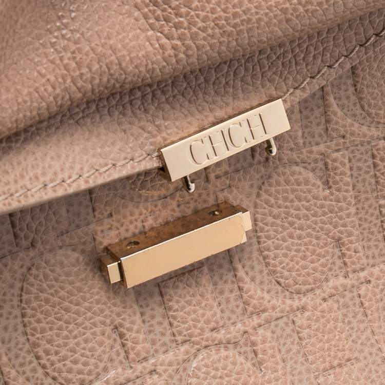 Pre Owned CH Carolina Herrera Beige Monogram Embossed Leather Minuetto Top Handle Bag